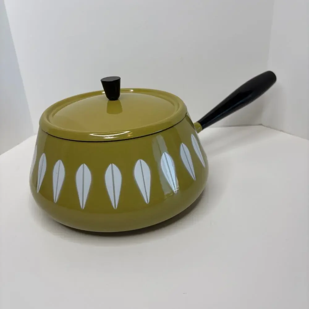 Vintage MCM Cathrineholm Avocado Green Enamel Lotus Design Fondue Pot